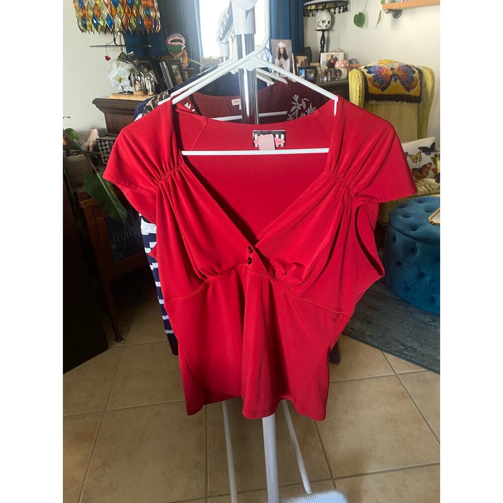 Pinup Couture Red V-Neck Gathered Front Blouse